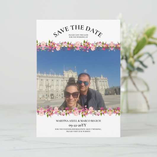 Foto Roze Bloemen Bewaar de datum Uitnodiging (Staand voorkant)