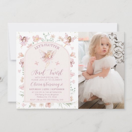 Foto Roze Bloemen Fairy Flutter Twirl Verjaardag Kaart (Voorkant)