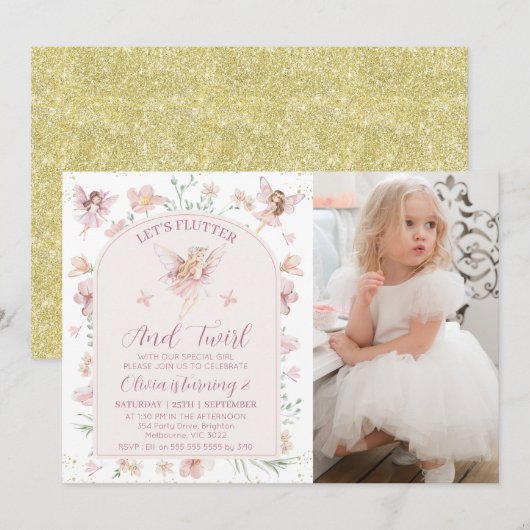 Foto Roze Bloemen Fairy Flutter Twirl Verjaardag Kaart (Voorkant / Achterkant)