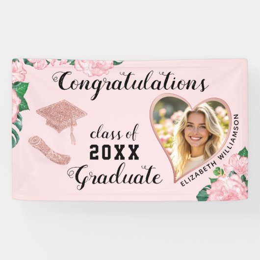 Foto Roze Bloemen Klasse van 2025 Afstuderen Spandoek (Horizontaal)