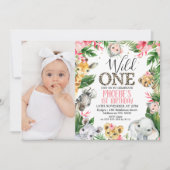 Foto Roze Bloemen Safari Wild One Birthday Kaart (Voorkant)