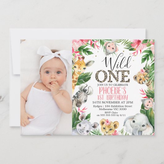 Foto Roze Bloemen Safari Wild One Birthday Kaart (Voorkant)