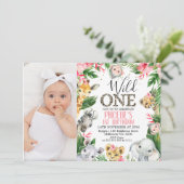 Foto Roze Bloemen Safari Wild One Birthday Kaart (Staand voorkant)