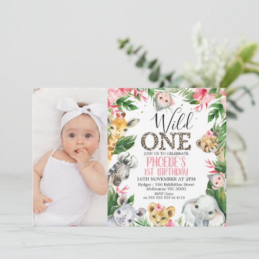 Foto Roze Bloemen Safari Wild One Birthday Kaart (Staand voorkant)