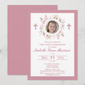 Foto Roze Bloemenkruis Eerste Heilige Communie Kaart (Voorkant / Achterkant)