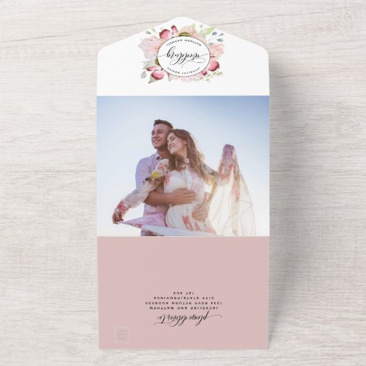 Foto, Roze, Blush, Bourgogne bruiloft van RSVP All In One Uitnodiging (Buitenkant)