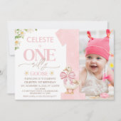 Foto Roze Bow Daisy Een Gekke Gans 1e Verjaardag Kaart (Voorkant)