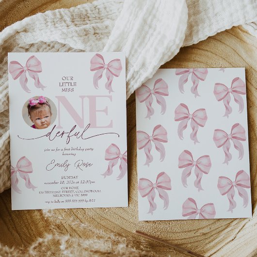 Foto Roze Bow Little Miss Onederful 1e verjaardag Kaart