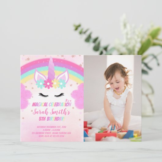 Foto Roze Cloud Unicorn Birthday-uitnodigingen Kaart (Staand voorkant)