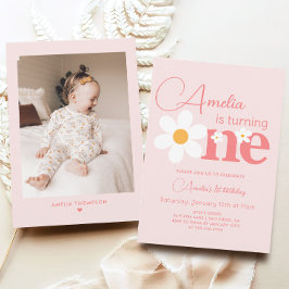 Foto Roze Daisy 1e verjaardagsfeestje Kaart