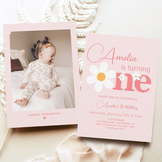 Foto Roze Daisy 1e verjaardagsfeestje Kaart