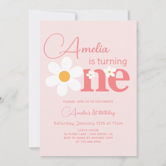 Foto Roze Daisy 1e verjaardagsfeestje Kaart (Voorkant)