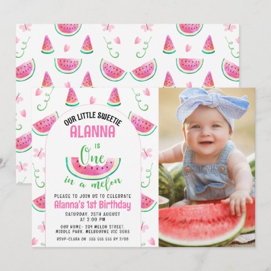 Foto Roze Eén in een Meloen 1e Verjaardag Kaart (Voorkant / Achterkant)