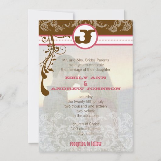 Foto Roze en Chocolate Brown  Damask Kaart (Achterkant)