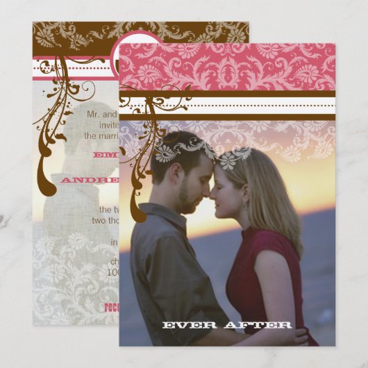 Foto Roze en Chocolate Brown  Damask Kaart (Voorkant / Achterkant)