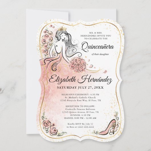 Foto Roze en Goud Prinses Quinceanera Verjaardag Kaart (Voorkant)