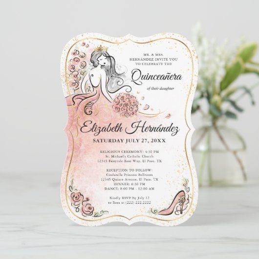 Foto Roze en Goud Prinses Quinceanera Verjaardag Kaart (Staand voorkant)