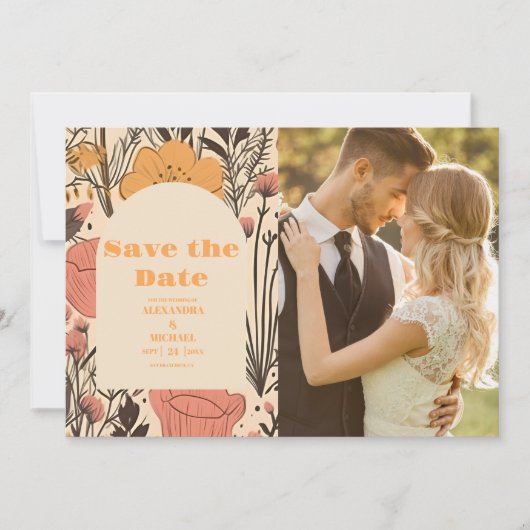 Foto Roze Geel Sinaasappel Wildflowers Bruiloft Save The Date (Voorkant)