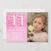 Foto Roze Glitter 11e Verjaardag Kaart (Voorkant)