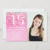 Foto Roze Glitter 15e Verjaardag Kaart (Voorkant)