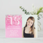 Foto Roze Glitter 15e Verjaardag Kaart (Staand voorkant)
