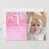 Foto Roze Glitter 1e Verjaardag Kaart (Voorkant)