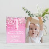 Foto Roze Glitter 1e Verjaardag Kaart (Staand voorkant)