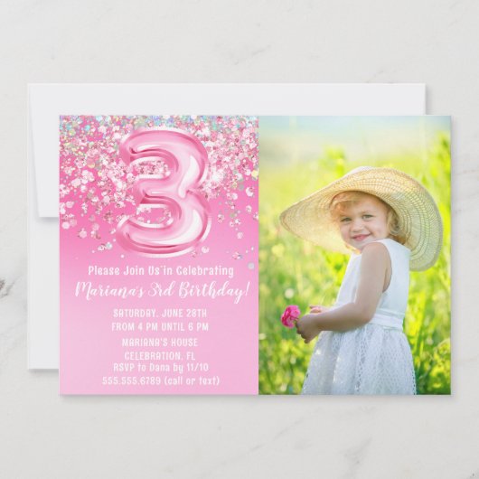 Foto Roze Glitter 3e Verjaardag Kaart (Voorkant)