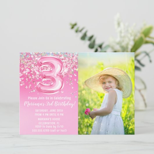 Foto Roze Glitter 3e Verjaardag Kaart (Staand voorkant)