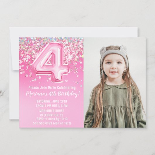 Foto Roze Glitter 4e Verjaardag Kaart (Voorkant)