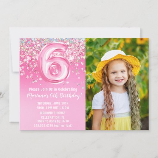 Foto Roze Glitter 6e Verjaardag Kaart (Voorkant)