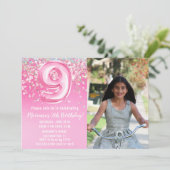 Foto Roze Glitter 9e Verjaardag Kaart (Staand voorkant)