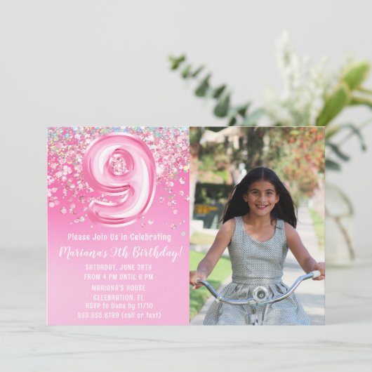 Foto Roze Glitter 9e Verjaardag Kaart (Staand voorkant)