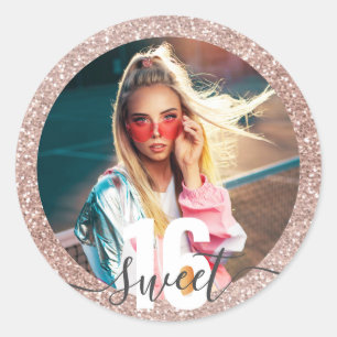 Foto roze Glitter Modern Sweet 16 Birthday Classi Ronde Sticker
