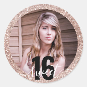 Foto roze Glitter Ombre Sweet 16th Birthday Ronde Sticker