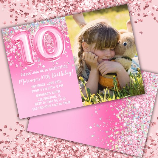 Foto Roze Glitters 10e Verjaardag Kaart