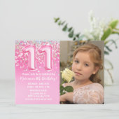 Foto Roze Glitters 11e Verjaardag Kaart (Staand voorkant)