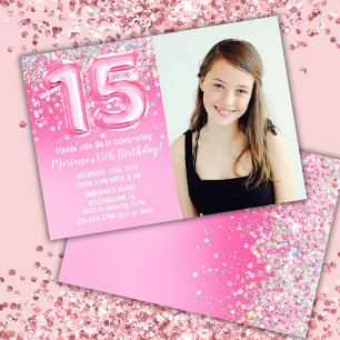 Foto Roze Glitters 15e Verjaardag Kaart