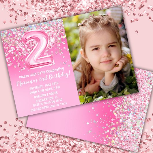 Foto Roze Glitters 2e Verjaardag Kaart