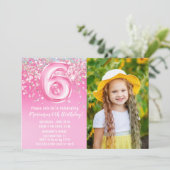 Foto Roze Glitters 6e Verjaardag Kaart (Staand voorkant)