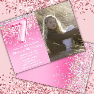 Foto Roze Glitters 7e Verjaardag Kaart