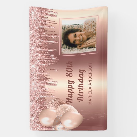 Foto Roze Goud 80e Verjaardag Gepersonaliseerde gl Spandoek (Verticaal)