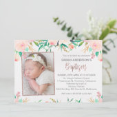 Foto Roze Goud Bloemen Doop uitnodiging (Staand voorkant)