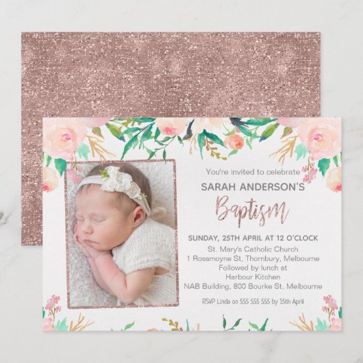 Foto Roze Goud Bloemen Doop uitnodiging (Voorkant / Achterkant)