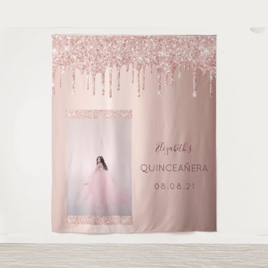 Foto roze gouden druppel Quinceanera Wandkleed (Voorkant)