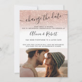 Foto roze gouden glitterscript wijzigingsdatum kaart (Voorkant)