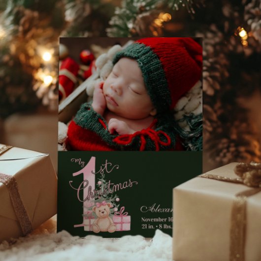 Foto Roze Groene Baby Eerste Kerstdag Feestdagenkaart