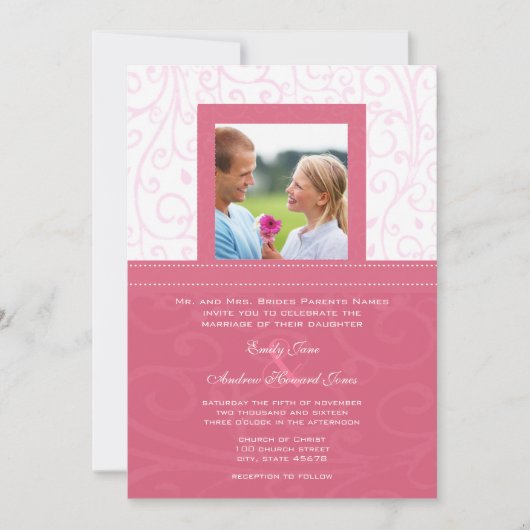 Foto Roze HoneySuckle Swirls Wedding Invitation Kaart (Voorkant)