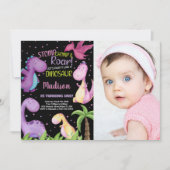 Foto Roze Paarse zwarte dinosaurus Verjaardag Kaart (Voorkant)