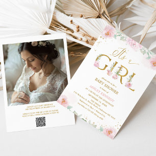 Foto Roze pioenrozen Het is een meisje Baby shower Kaart